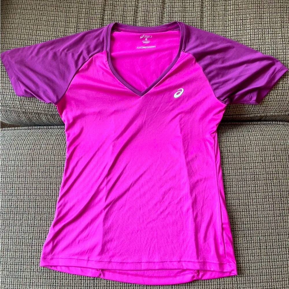 ASICS Womens Motion Dry Athletic Top V-Neck Hot Pink Burgundy Large - EUC!